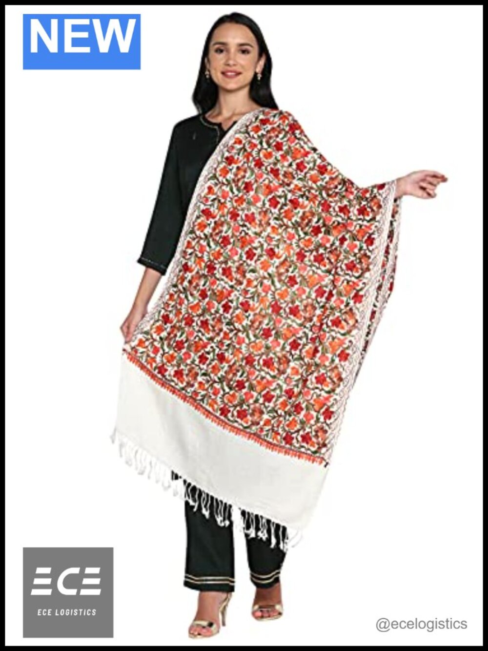 Women Embroidered Faux Wool Pashmina Oversized Wrap Shawl Stole